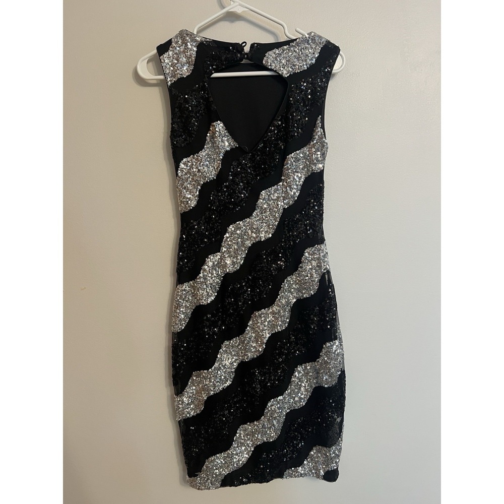 Caché VTG Black Sequined Silver Black Diagonal Sheath Mini Dress Zip Lined 2 - Picture 5 of 6